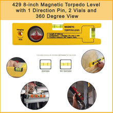 0429 8-inch Magnetic Torpedo Level with 1 Direction Pin, 2 Vials and 360 Degree View