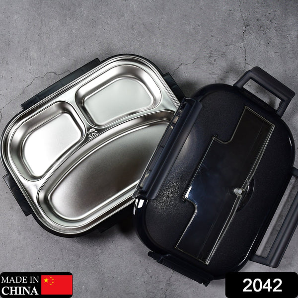 2042 Black Lunch Box for Kids and adults, Stainless Steel Lunch Box with 3 Compartments With spoon slot. DeoDap